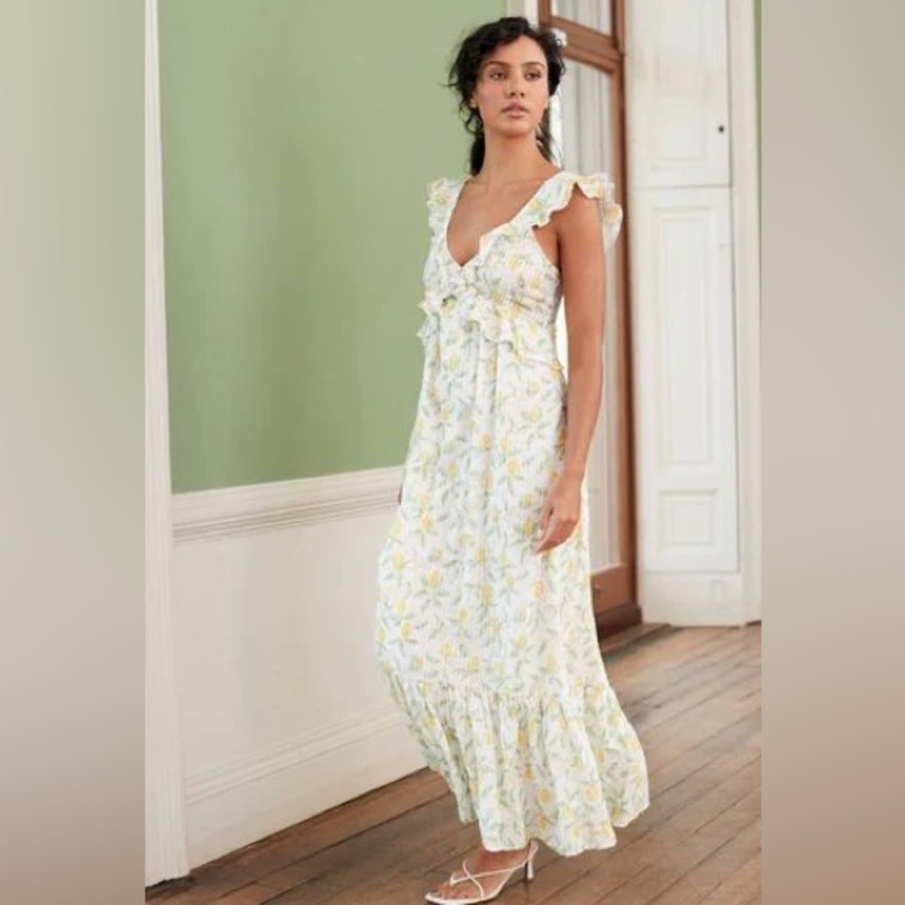 Ruffle strap midi lemon dress